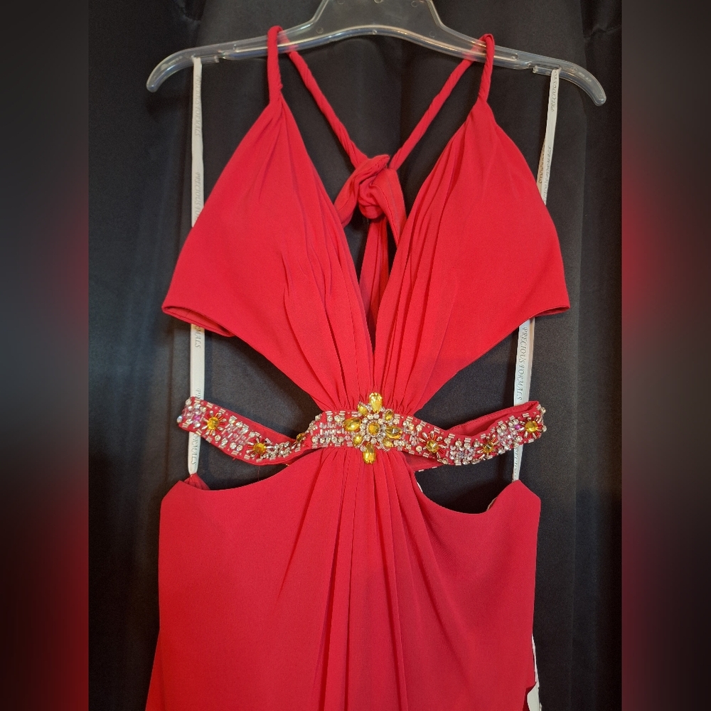 Precious Formals Red Gold Embellished Pleated Gown Sz 6